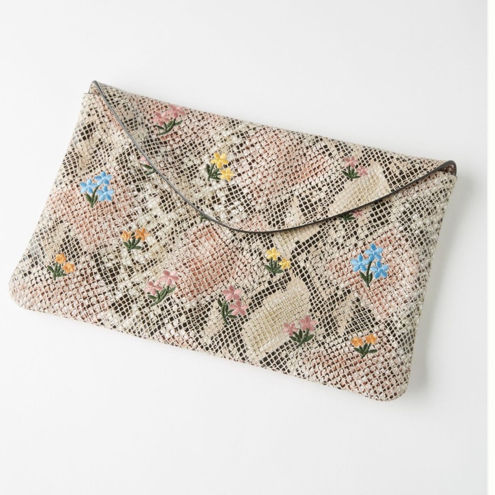 ANTHROPOLOGIE ~ Embroidered Snake-Printed Clutch